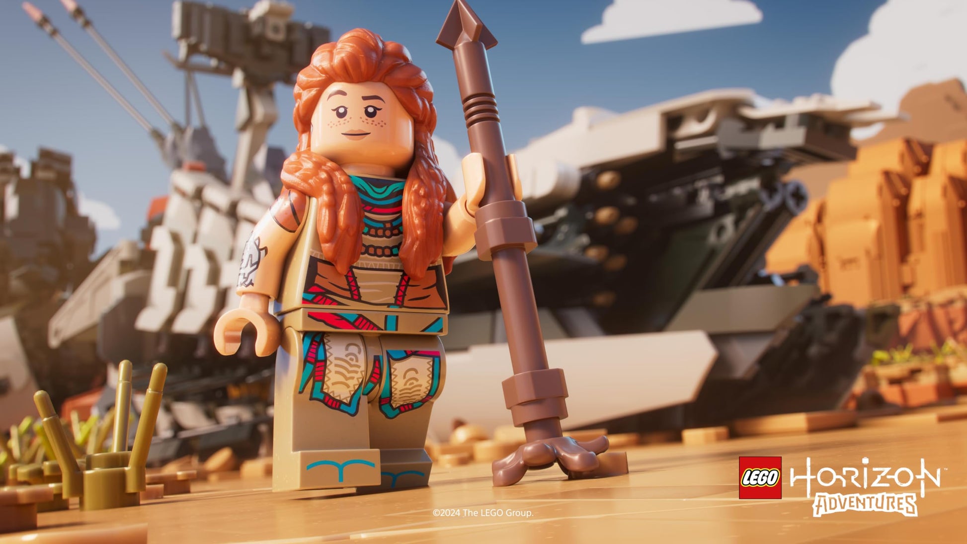 LEGO Horizon Adventures Nintendo Switch game cartridge with colorful cover art featuring characters and landscapes.