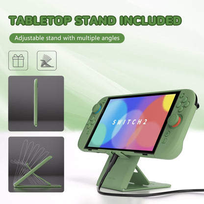 playvital Solid Color Nintendo Switch 2 protective case in Matcha Green with hard shell, grip cover, foldable stand, and thumb grips