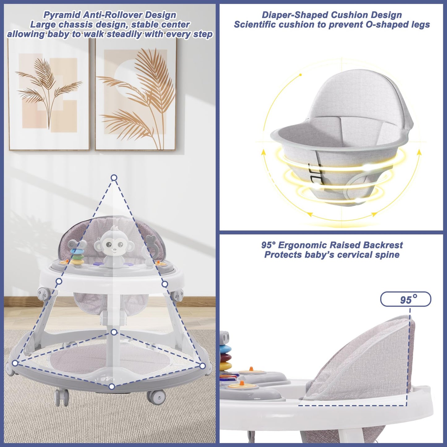 Foldable Maycoly 3-in-1 baby walker with seat, foot pads, light, sound, and adjustable height for boys and girls.