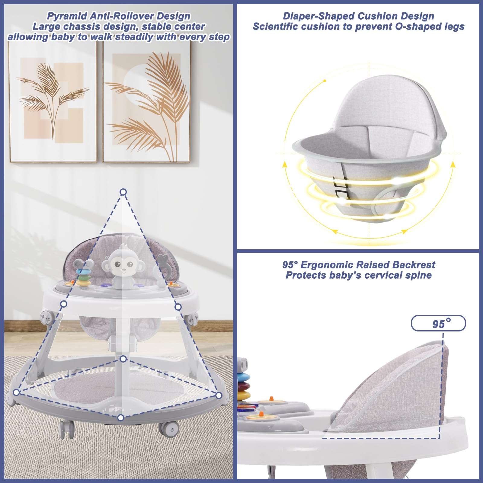 Foldable Maycoly 3-in-1 baby walker with seat, foot pads, light, sound, and adjustable height for boys and girls.