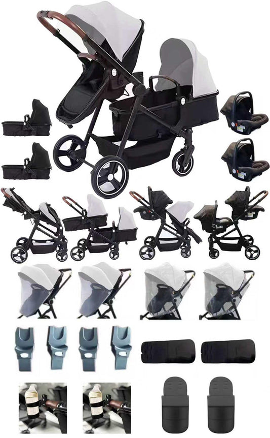 Rexhan Twin 4 in 1 Reversible Travel System, Foldable Double Baby Buggy, Twin Toddler Pram, Pushchair, Tandem All in One Stroller, Lightweight, Portable Baby Carriage, Newborn 0-4 Year, Aluminium