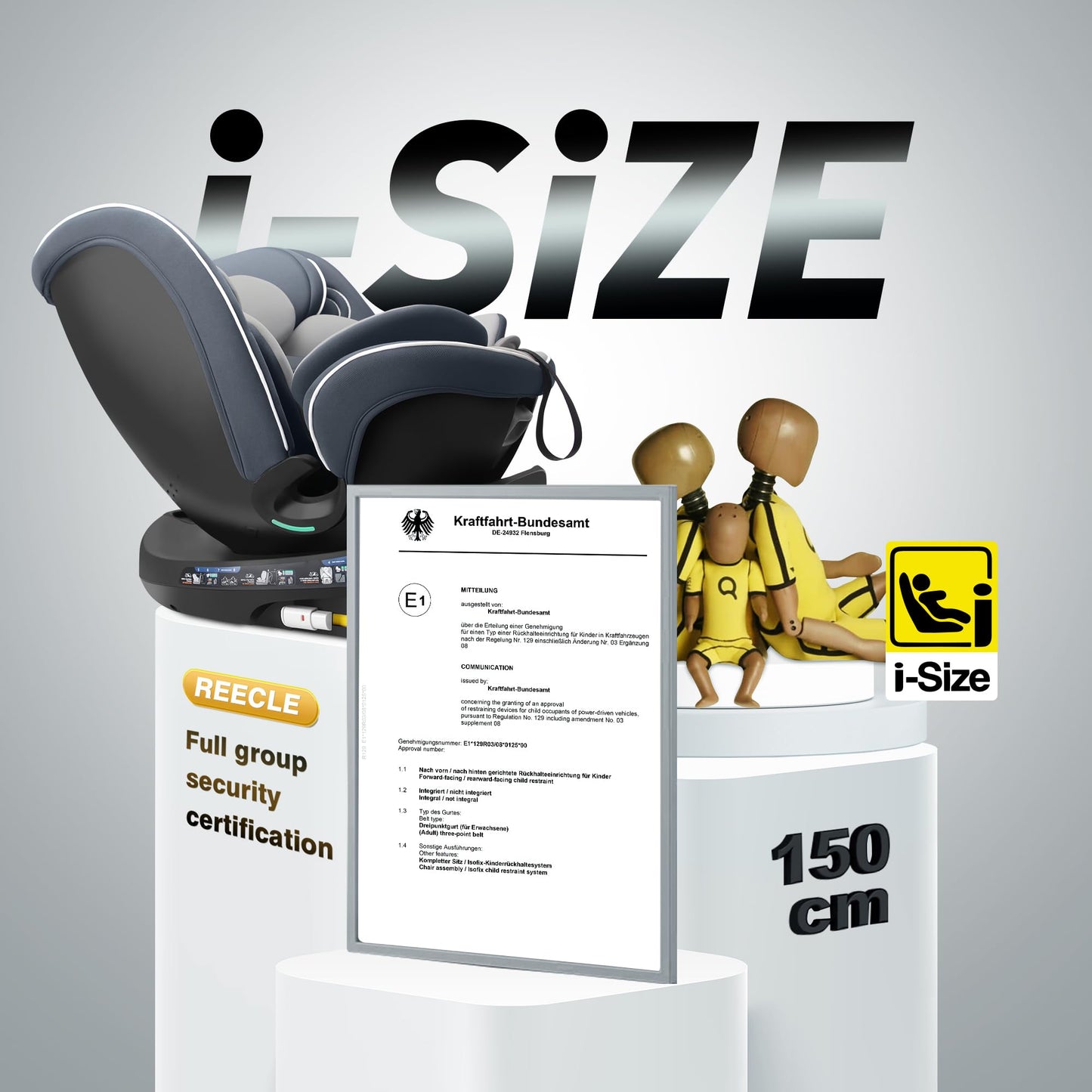 Reecle I-Size 360 Swivel Baby Car Seat, 40-150cm (0-12 Years), Compatible with ISOFIX (Grey)