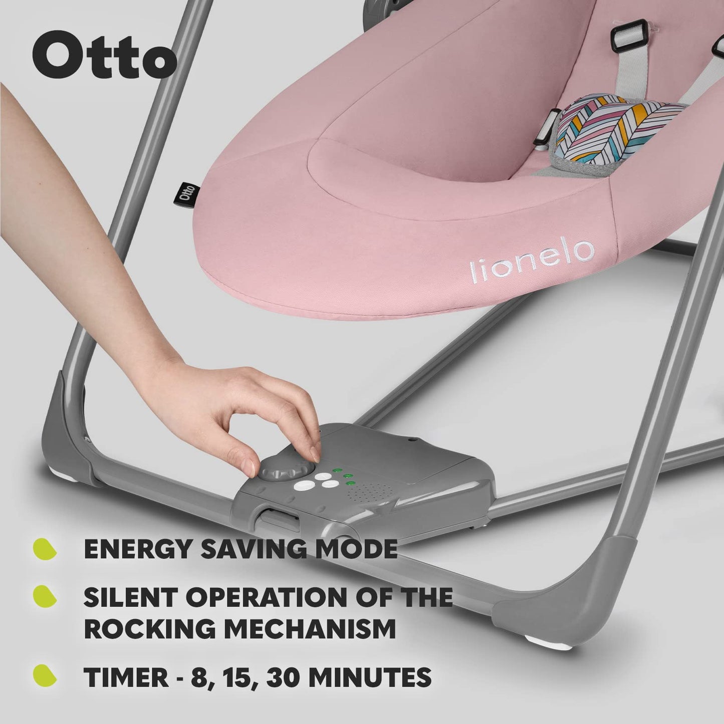 Lionelo LIONELO Baby Rocker OTTO with soft cushion, nature sounds, 5-speed electric swing, safety harness, and portable fold design.