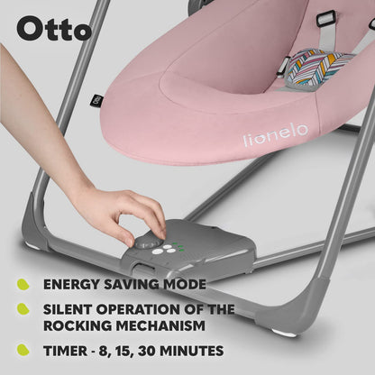 Lionelo LIONELO Baby Rocker OTTO with soft cushion, nature sounds, 5-speed electric swing, safety harness, and portable fold design.