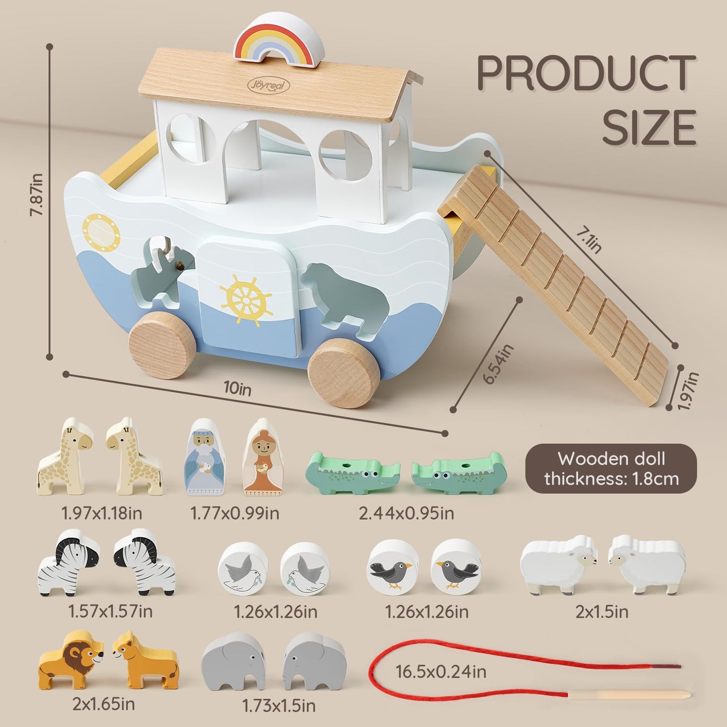 Joyreal wooden Noah's Ark toy with farm animal shapes, designed for toddlers, ideal for christening and baptism gifts.