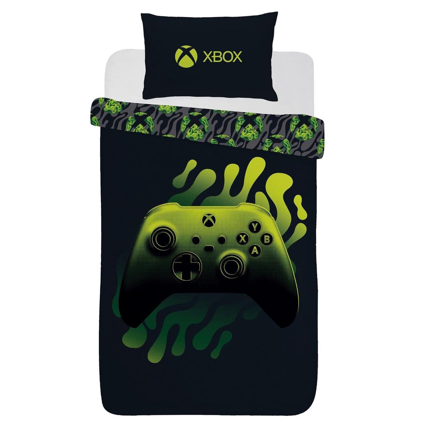 Xbox green and black single duvet cover set with pillowcase, super soft, reversible, polycotton bedding for boys.