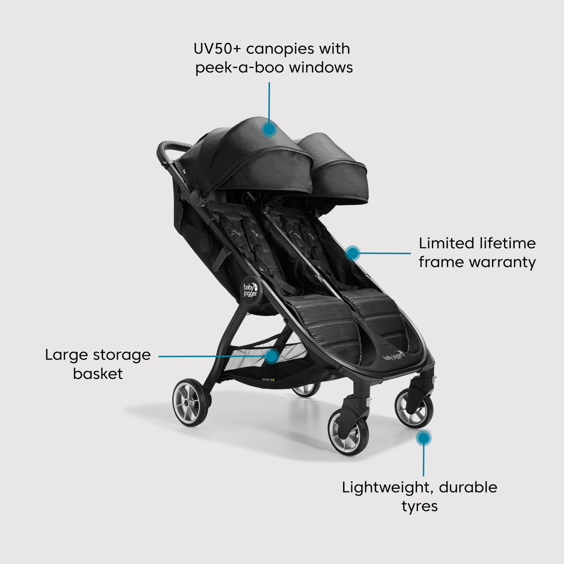 Baby Jogger City Tour 2 Double Travel Pushchair in pitch black, lightweight, foldable double stroller for toddlers and infants.