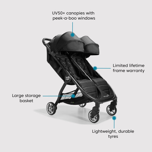 Baby Jogger City Tour 2 Double Travel Pushchair | Lightweight, Foldable & Portable Double Buggy | Pitch Black