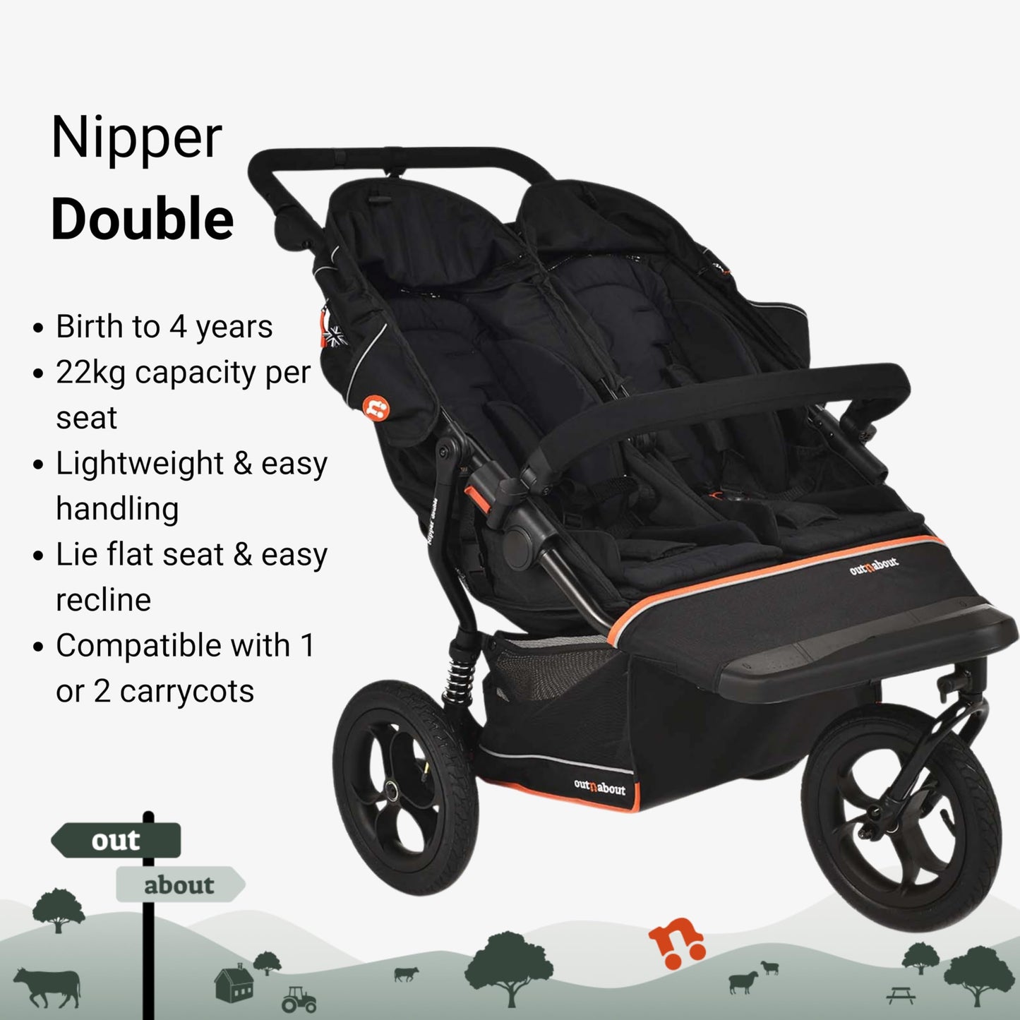 Out’n’About Nipper Double V6 Pushchair | Lightweight All-Terrain Twin Buggy with Raincover, 12” Air-Filled Wheels & Compact Fold | Side-by-Side Double Stroller for Newborn to Toddler - Summit Black