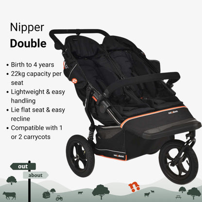 Out’n’About Nipper Double V6 Pushchair | Lightweight All-Terrain Twin Buggy with Raincover, 12” Air-Filled Wheels & Compact Fold | Side-by-Side Double Stroller for Newborn to Toddler - Summit Black