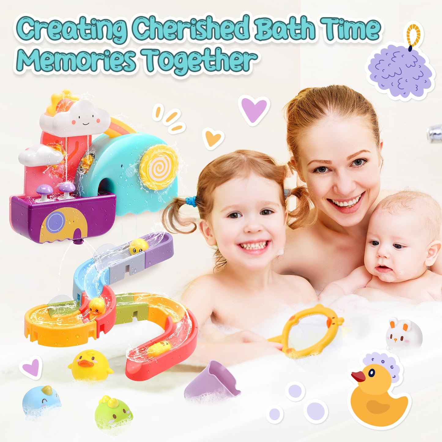 Cute Stone baby bath toys including squirty ducks, a slide, fishing net, and educational bath toys for boys and girls.