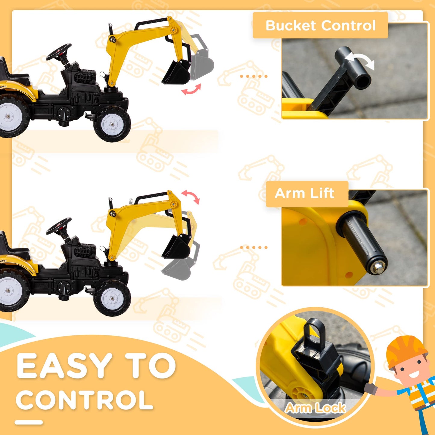 HOMCOM Ride On Tractor for Kids, 3 in 1 Ride On Digger Toy Car with Adjustable Arm & Manual Shovel and Removable Trailer, Pretend Play Construction Truck for 3-6 Years