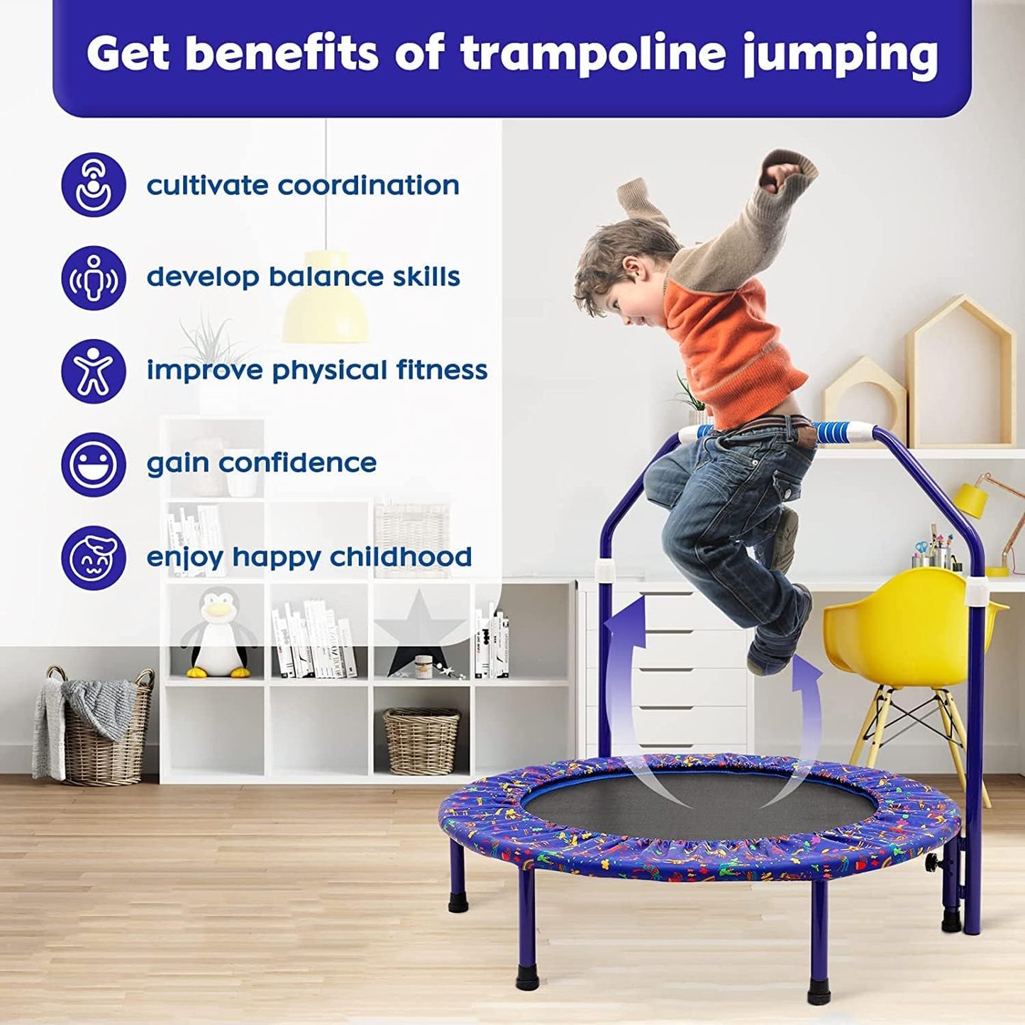 36'' Kids Trampoline Mini Noise-Free Trampoline Foldable Bungee Rebounder with Adjustable Foam Handrails and Safety Padded Protective Cover Practice Jumping Indoor,Outdoor,Garden for Boys Girls