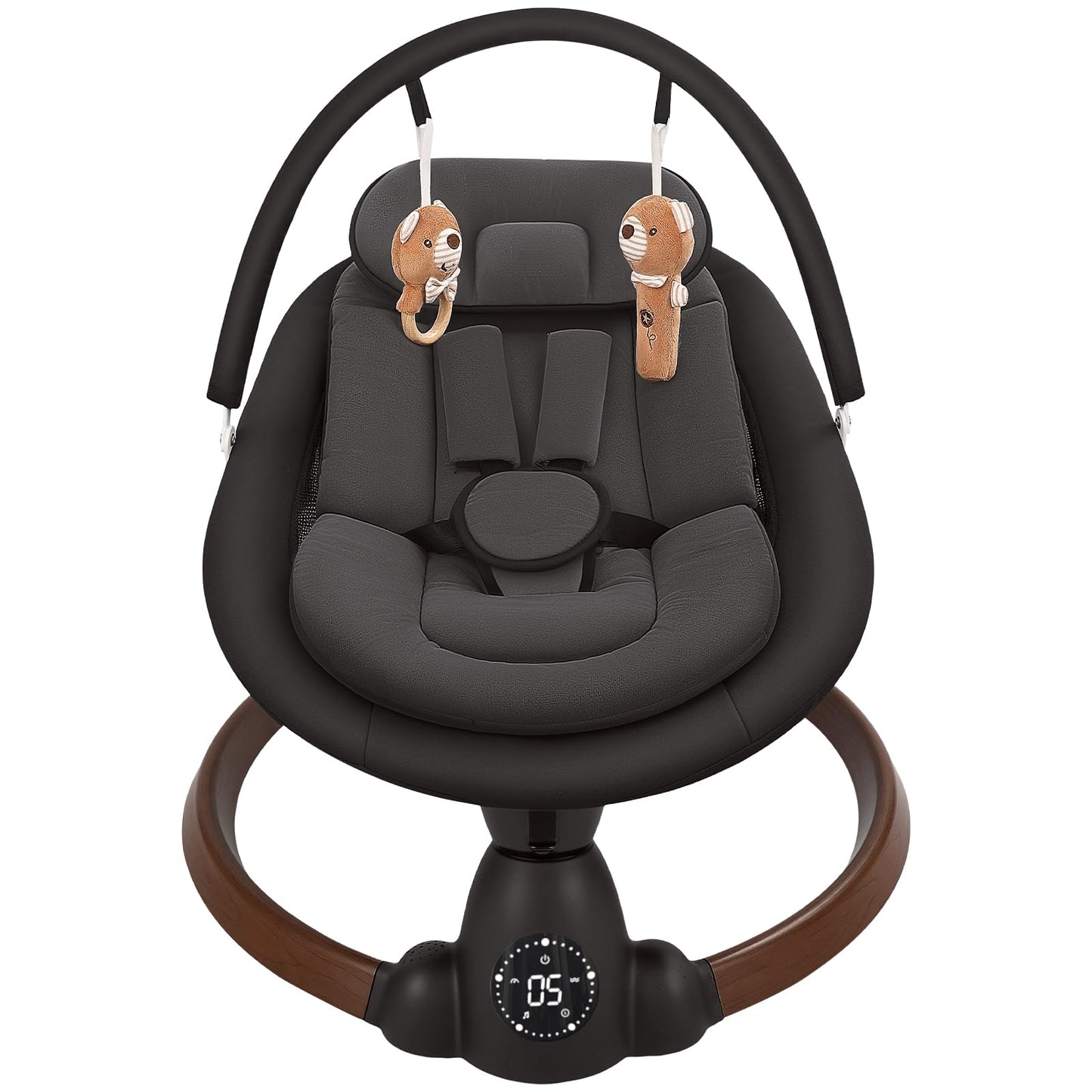 Uuoeebb portable baby bouncer and swing with Bluetooth, 5 swing speeds, 10 lullabies, 5-point harness, remote, touch panel, black.