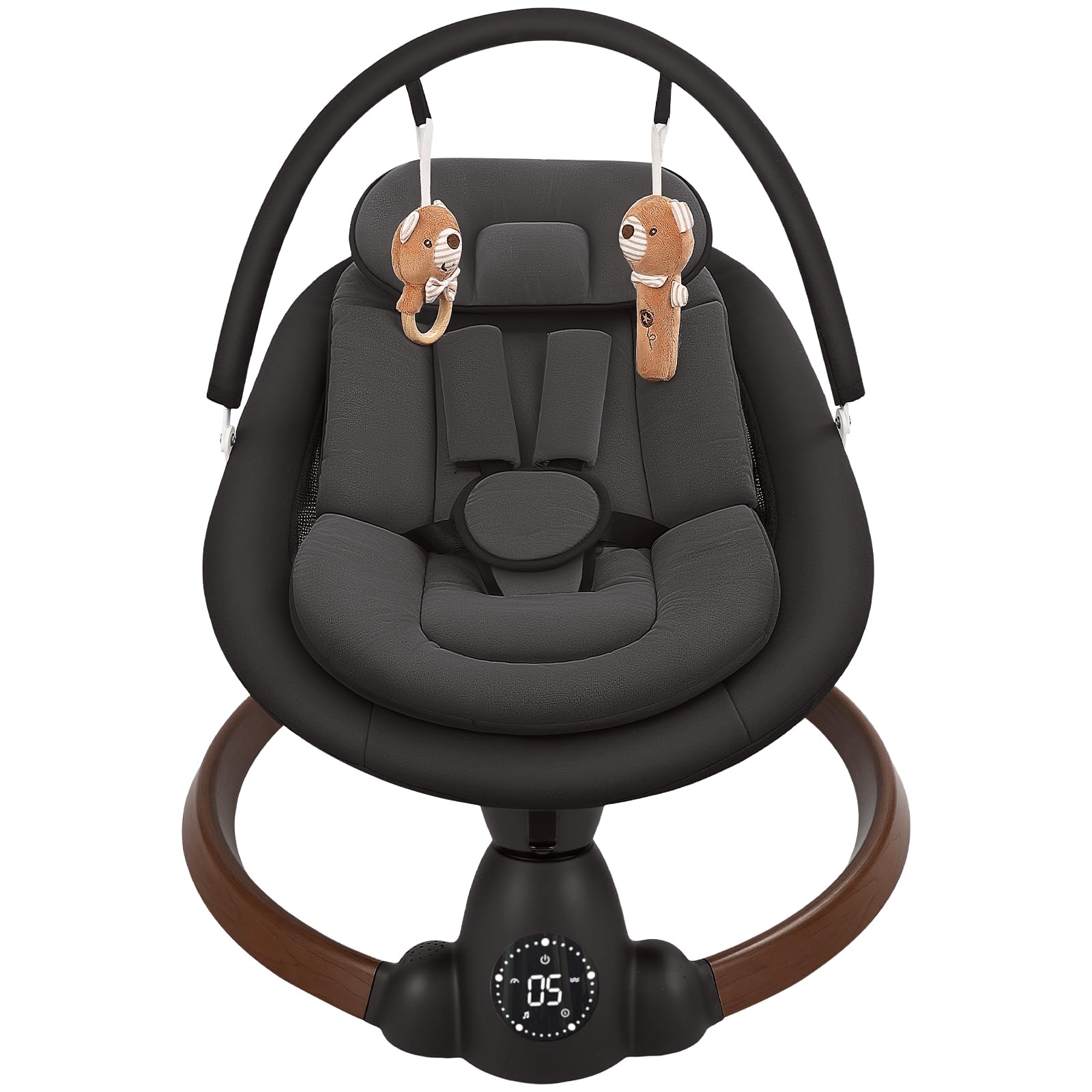 Uuoeebb portable baby bouncer and swing with Bluetooth, 5 swing speeds, 10 lullabies, 5-point harness, remote, touch panel, black.
