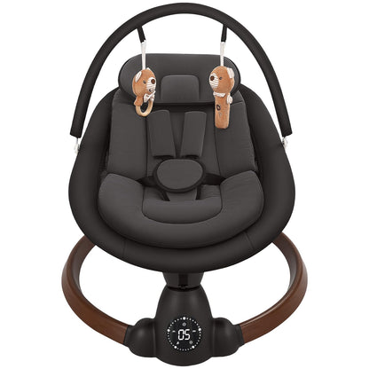 Uuoeebb portable baby bouncer and swing with Bluetooth, 5 swing speeds, 10 lullabies, 5-point harness, remote, touch panel, black.