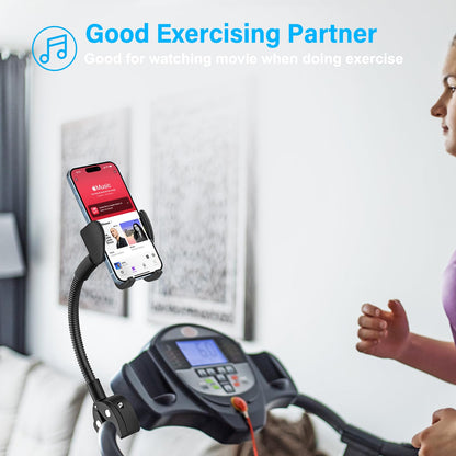 Oilcan metal flexible phone holder mount attached to a bicycle handlebar with a smartphone secured in the gooseneck clamp.