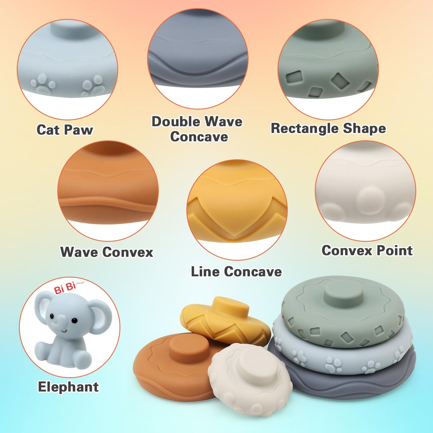 LEADSTAR Stacking Baby Toys Silicone, Elephant Silicone Soft Stack Rings, Teether for Baby, Early Development & Activity Sensory Toys for Babies, Toddlers & Infant, Gifts for Girls-7 PCS Teething Set