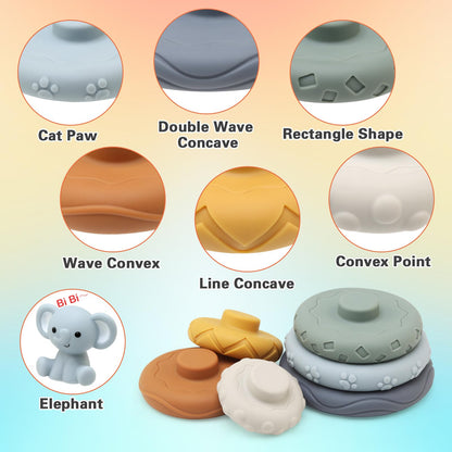 LEADSTAR Stacking Baby Toys Silicone, Elephant Silicone Soft Stack Rings, Teether for Baby, Early Development & Activity Sensory Toys for Babies, Toddlers & Infant, Gifts for Girls-7 PCS Teething Set