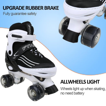Kids MGYZM adjustable roller skates with light-up wheels, white and black, suitable for indoor and outdoor use, size UK 1-4.