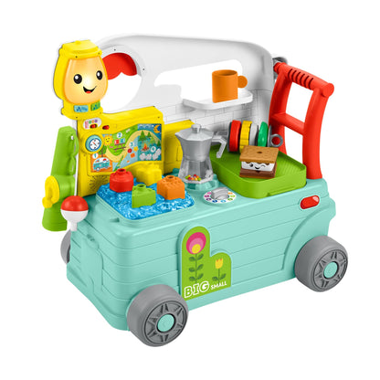 Fisher-Price Laugh & Learn 3-in-1 On-The-Go Camper for infants, featuring colorful musical and activity elements, push-along walker.
