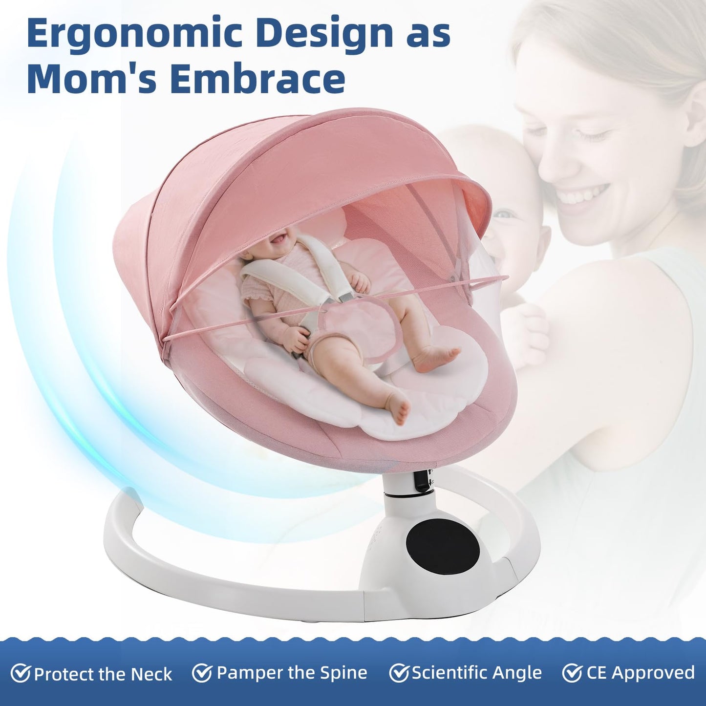 Cozydwells electric baby swing chair in pink with Bluetooth, touch screen music speaker, remote control, 5 swing speeds, portable rocker