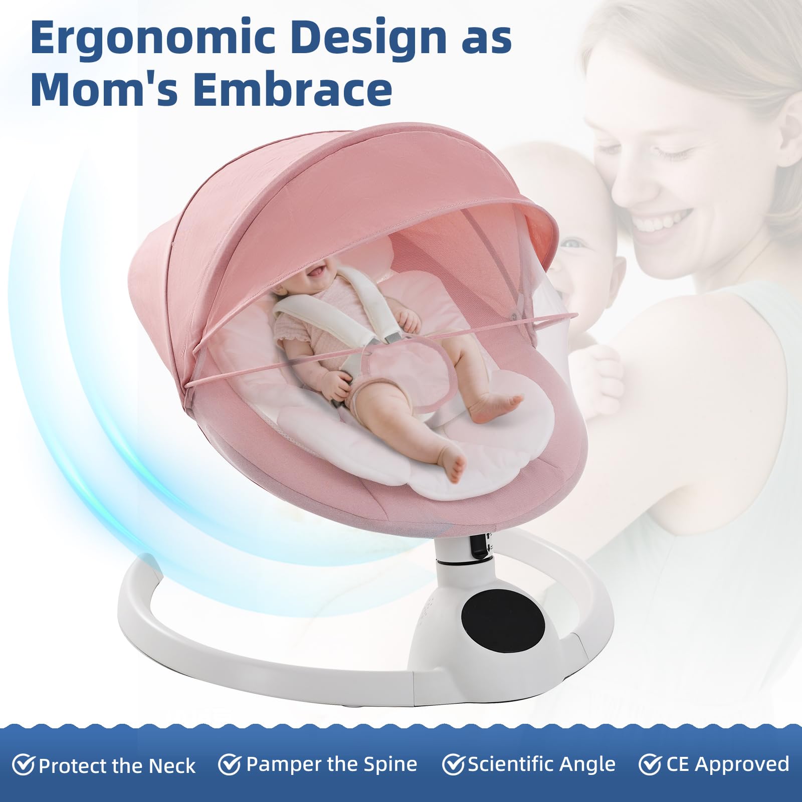 Cozydwells electric baby swing chair in pink with Bluetooth, touch screen music speaker, remote control, 5 swing speeds, portable rocker