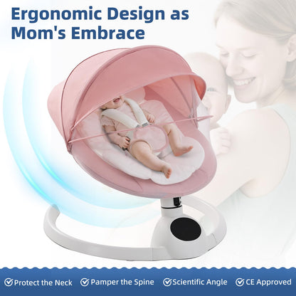 Cozydwells electric baby swing chair in pink with Bluetooth, touch screen music speaker, remote control, 5 swing speeds, portable rocker