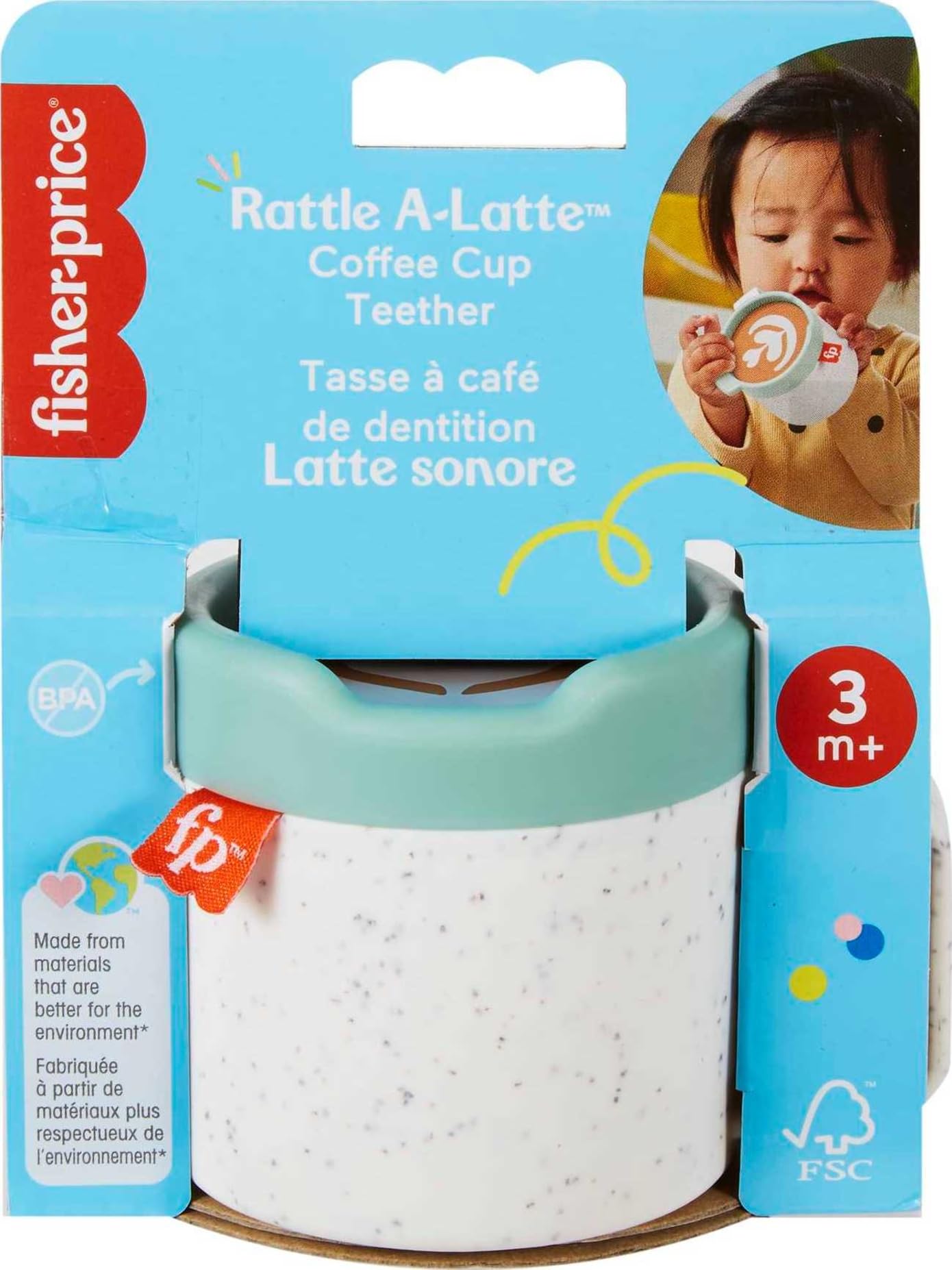 Fisher-Price Baby Toy Rattle A-Latte Coffee Cup Teether for Infant Sensory Play Ages 3+ Months, HGB86