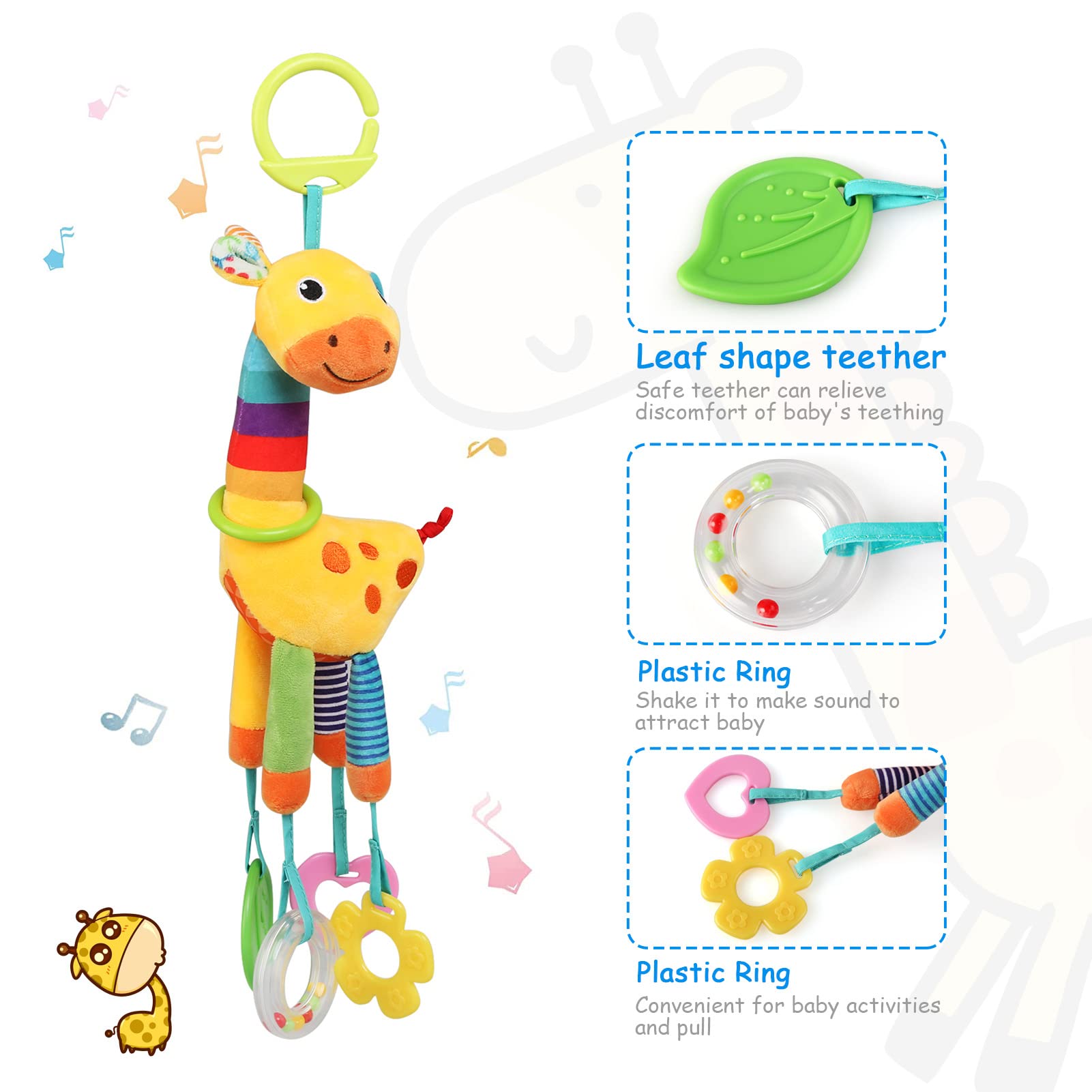 BelleStyle baby pram pushchair toy featuring a plush giraffe sensory and teething clip for newborns and toddlers in strollers.