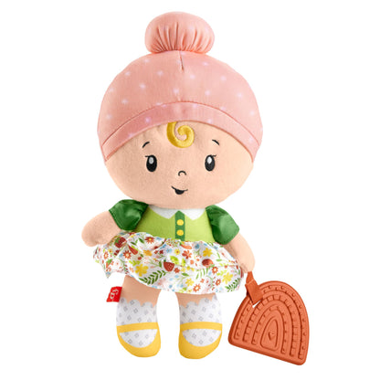 Fisher-Price baby sensory toy cuddle and chime first babydoll for infants 6+ months, soft fabric with colorful design