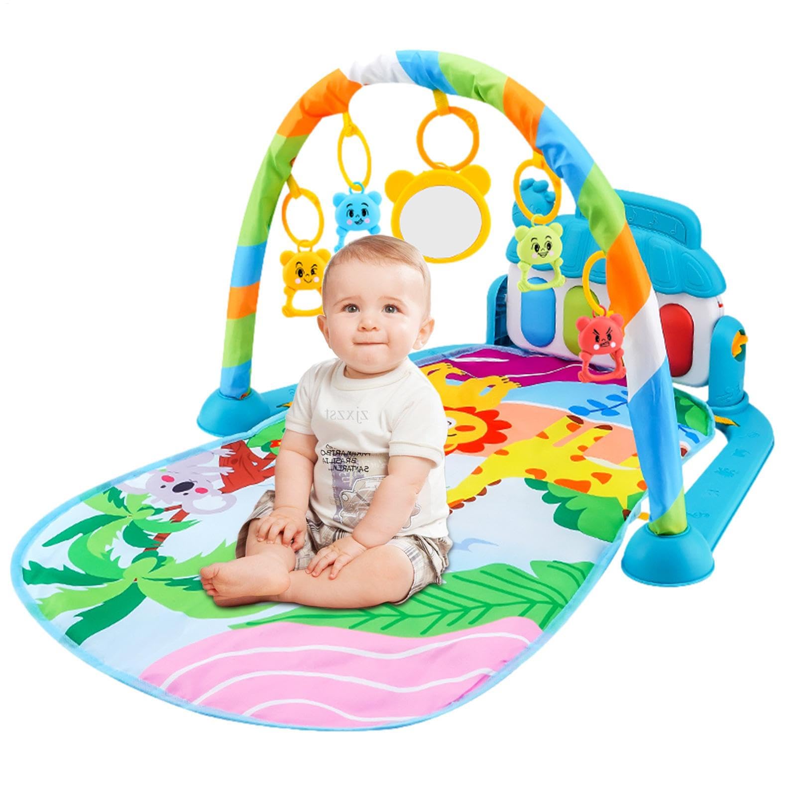 Ylnailky baby gym play mat with colorful toys, cartoon piano, and music features for infants ages 0-36 months.
