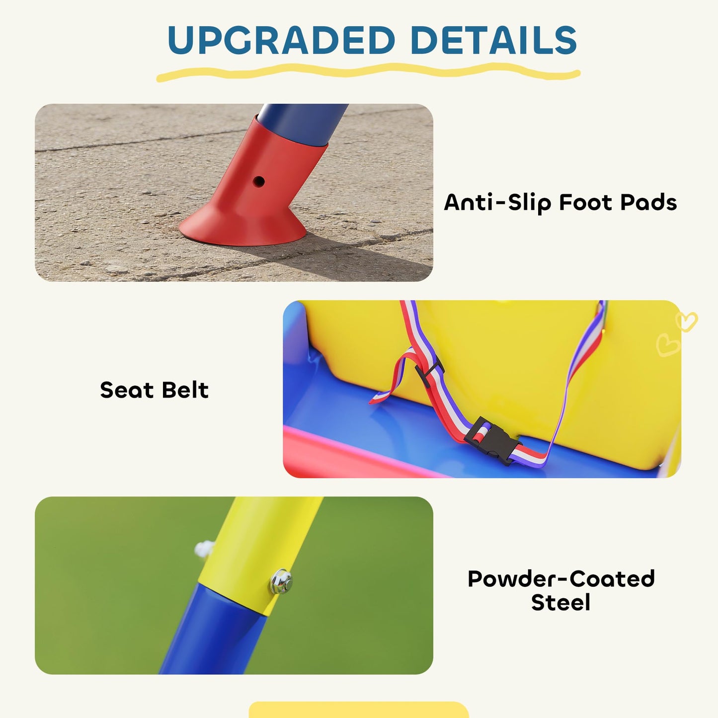 AIYAPLAY 3-in-1 toddler swing set with adjustable seat, safety guardrails, and seat belt in blue for indoor and outdoor use