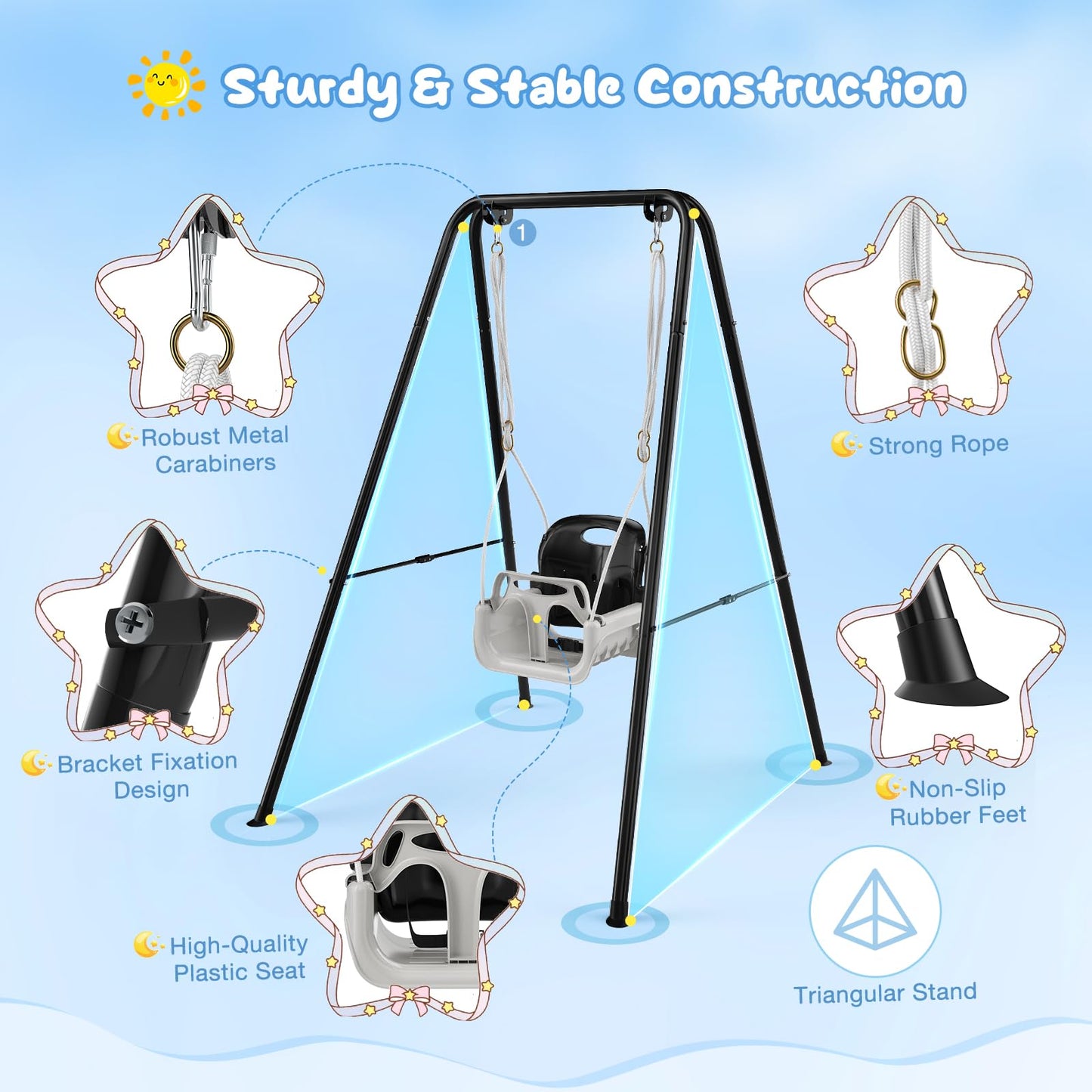 4 in 1 Toddler Swing Set, Kids Swing with Folding Metal Frame Stand, Safety Belt, for Baby In & Outdoor, Garden Playground Set, Swing Sets for backyard (Black)
