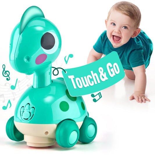 CubicFun green baby crawling dinosaur toy with musical lights and sound, designed for infants and toddlers ages 12 months and up.