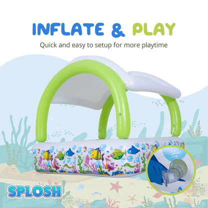 Splosh inflatable paddling pool with sun shade, square outdoor pool for kids and toddlers in a garden setting.