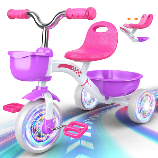 HappyGoLucky Tricycles Toys for 2-5 Year Old Girls Gifts, Balance Bike 2+ 3 4 5 Year Old with 3 Colorful Lighting Wheels & Removable Pedals, Baby Toddler Kids Cycle Trikes Bike Girls Toys Age 2-5