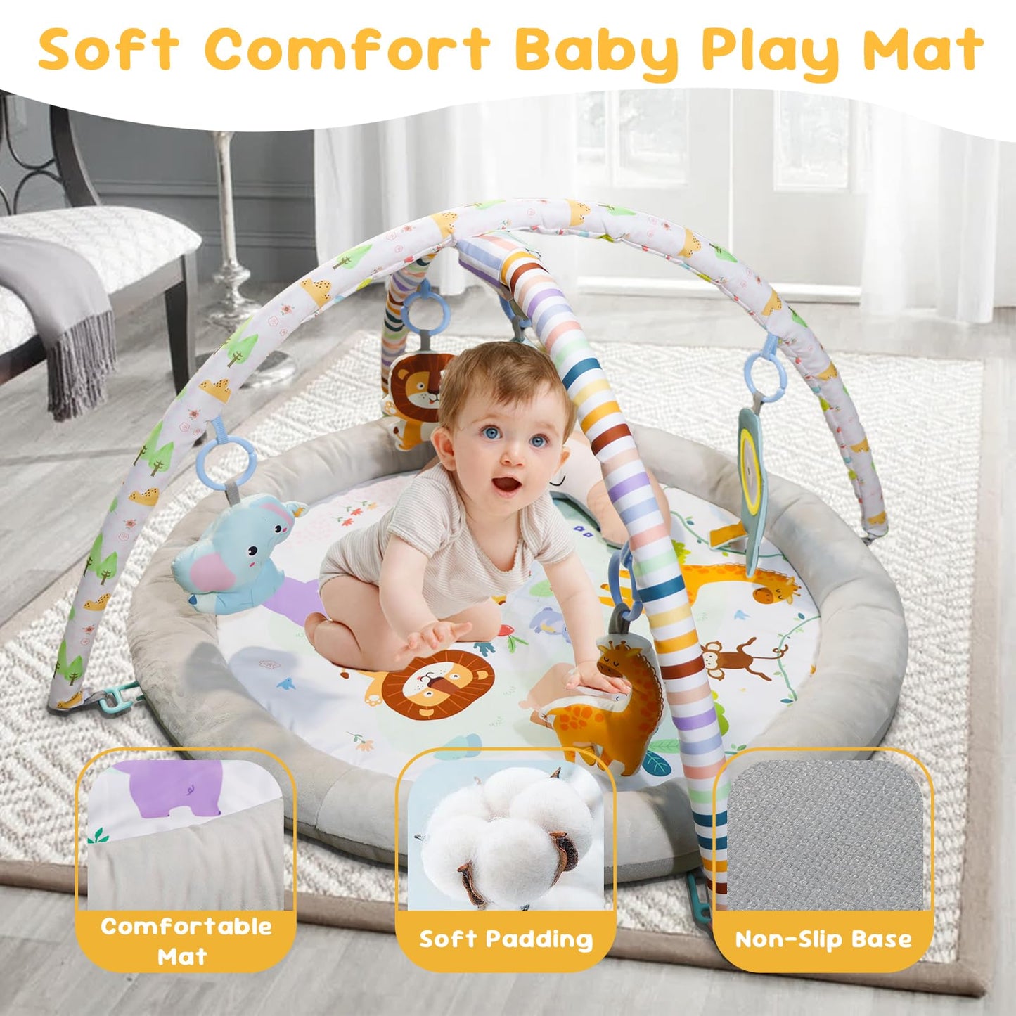 GoldEnough baby play mat with hanging toys, tummy time pillow, and soft floor gym for infants 0-36 months.