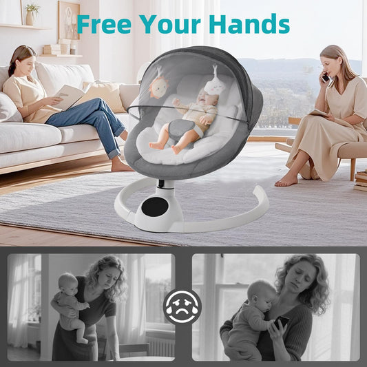 Cozydwells electric baby swing chair in grey with Bluetooth, touch screen music speaker, remote control, 5 swing speeds, and portable design.