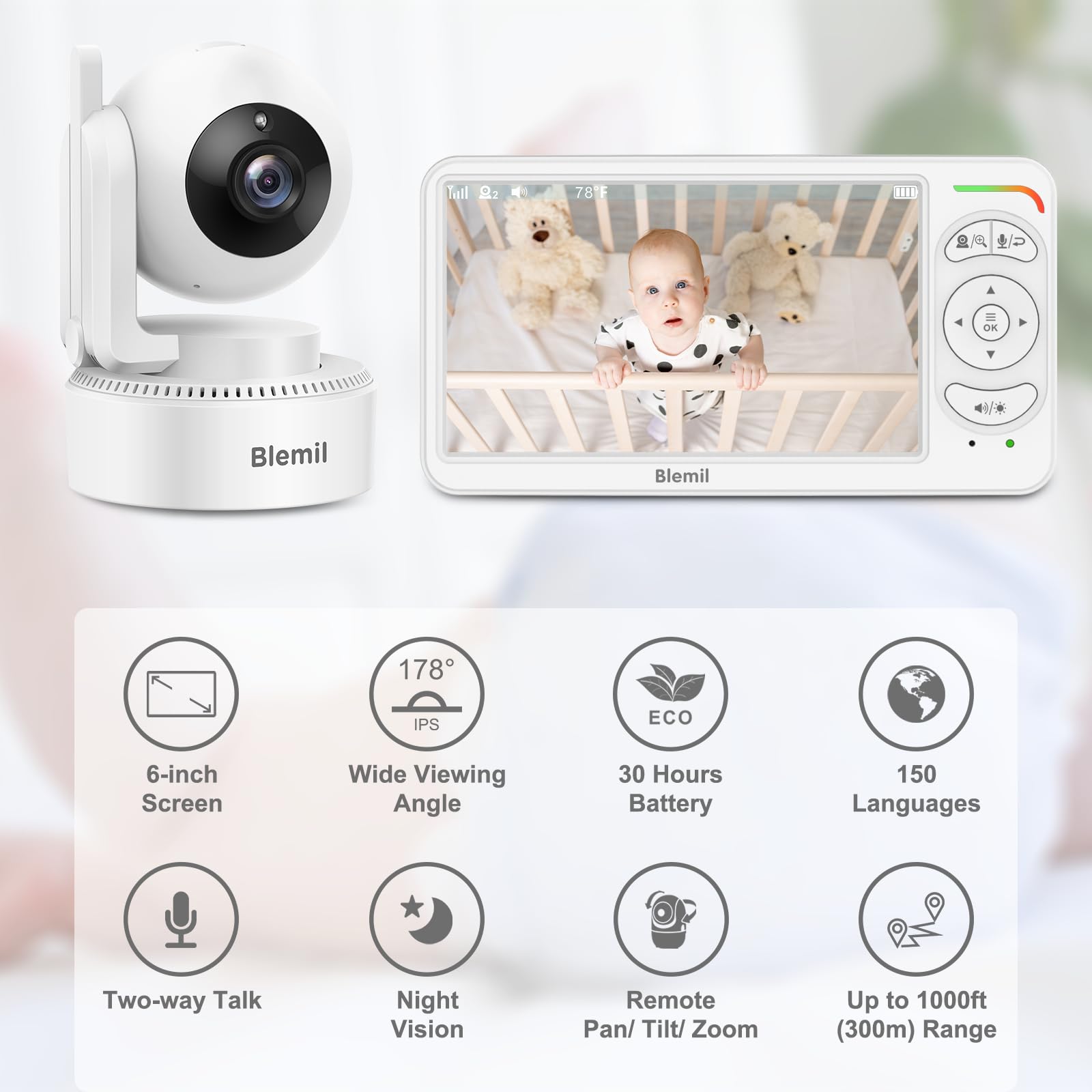 Blemil BabyMonitor with camera and audio, 6-inch IPS screen, night vision, 2-way talk, portable baby monitor with long battery life