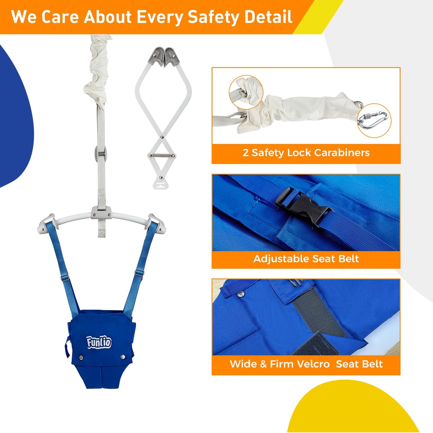 FUNLIO baby door jumper for infants 6-24 months with adjustable strap, strong spring, door clamp, and portable design.