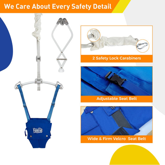 FUNLIO baby door jumper for infants 6-24 months with adjustable strap, strong spring, door clamp, and portable design.