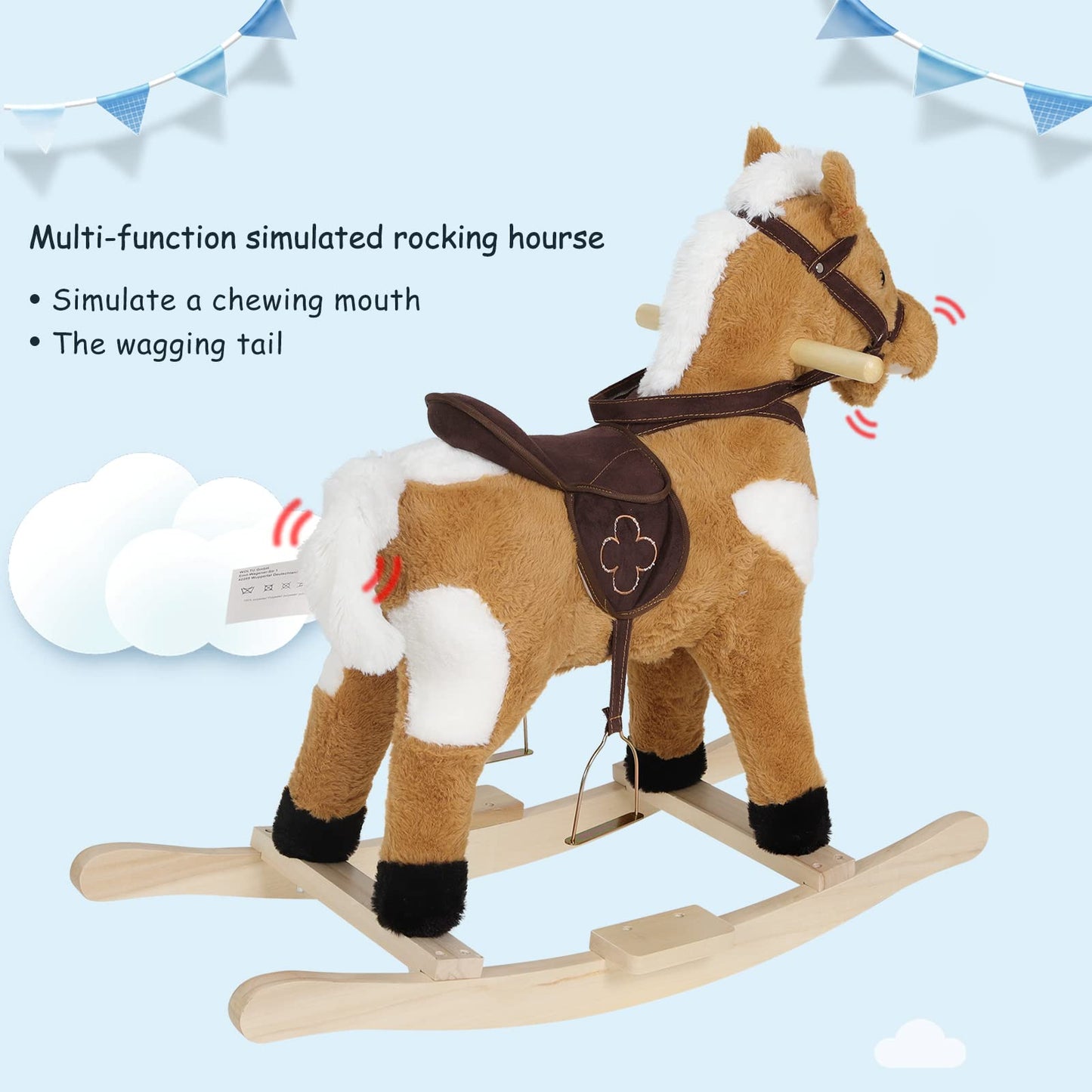WOLTU Wooden Baby Rocking Horse, Plush Ride-on Toy with Sound and Stirrups, Toddler Rocker for Kids Aged 1–3, Brown, Seat Height 44cm
