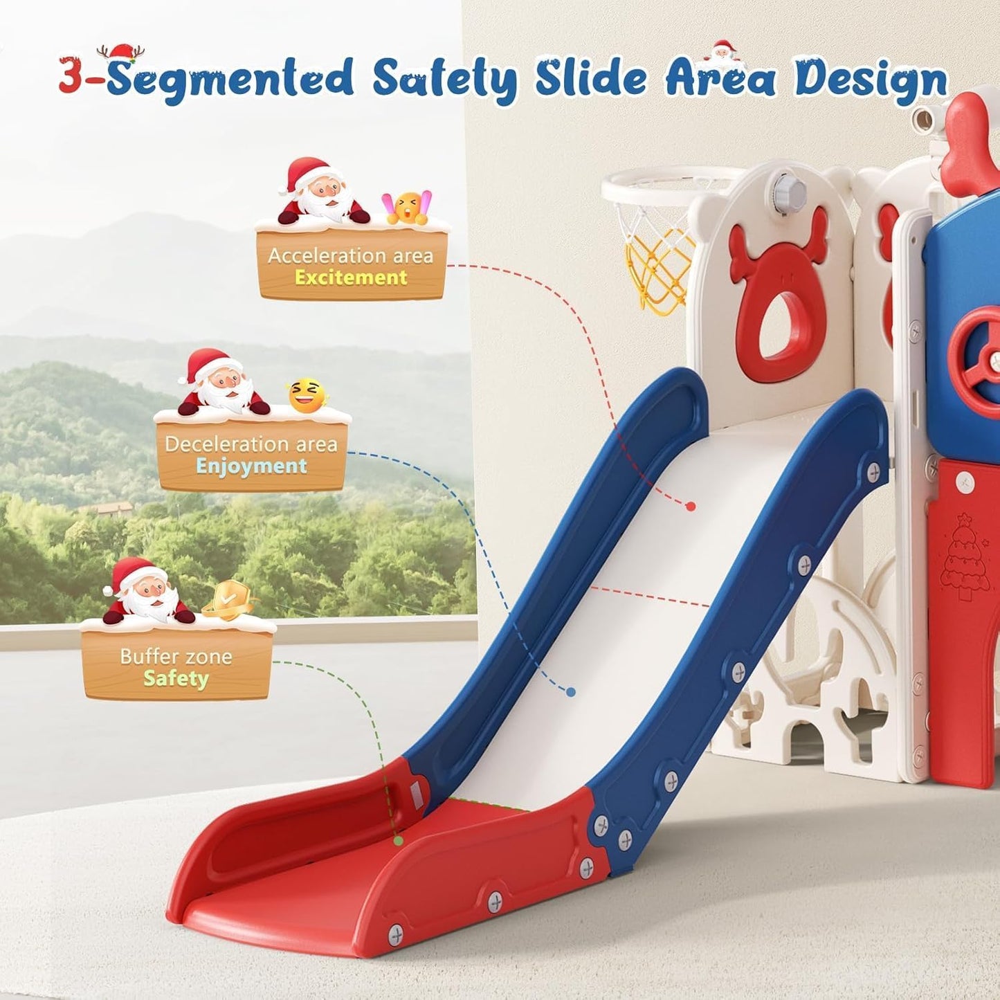 Kids Slide,Indoor Thickened Widened toddler slide with basketball hoop, climbing frame for the garden,storage space slide ((7-in-1 Elk Slide-Blue and Red))
