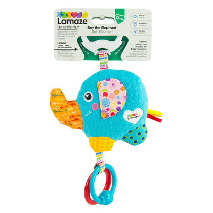LAMAZE Mini Eloy the Elephant baby toy attached to a stroller, soft sensory clip-on toy for newborns 0-6 months.