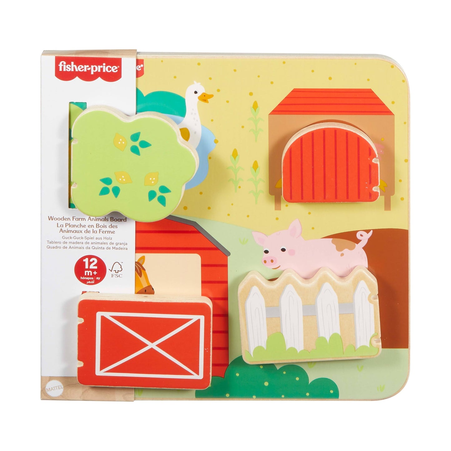 Fisher-Price wooden farm animal toy for babies and toddlers, featuring colorful farm animals on a wooden activity board.