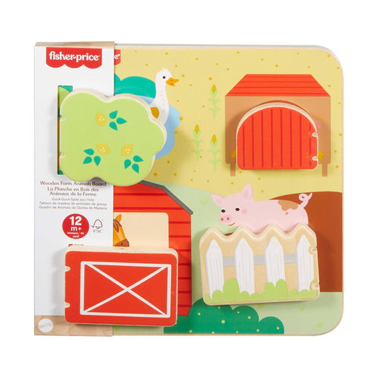 Fisher-Price wooden farm animal toy for babies and toddlers, featuring colorful farm animals on a wooden activity board.