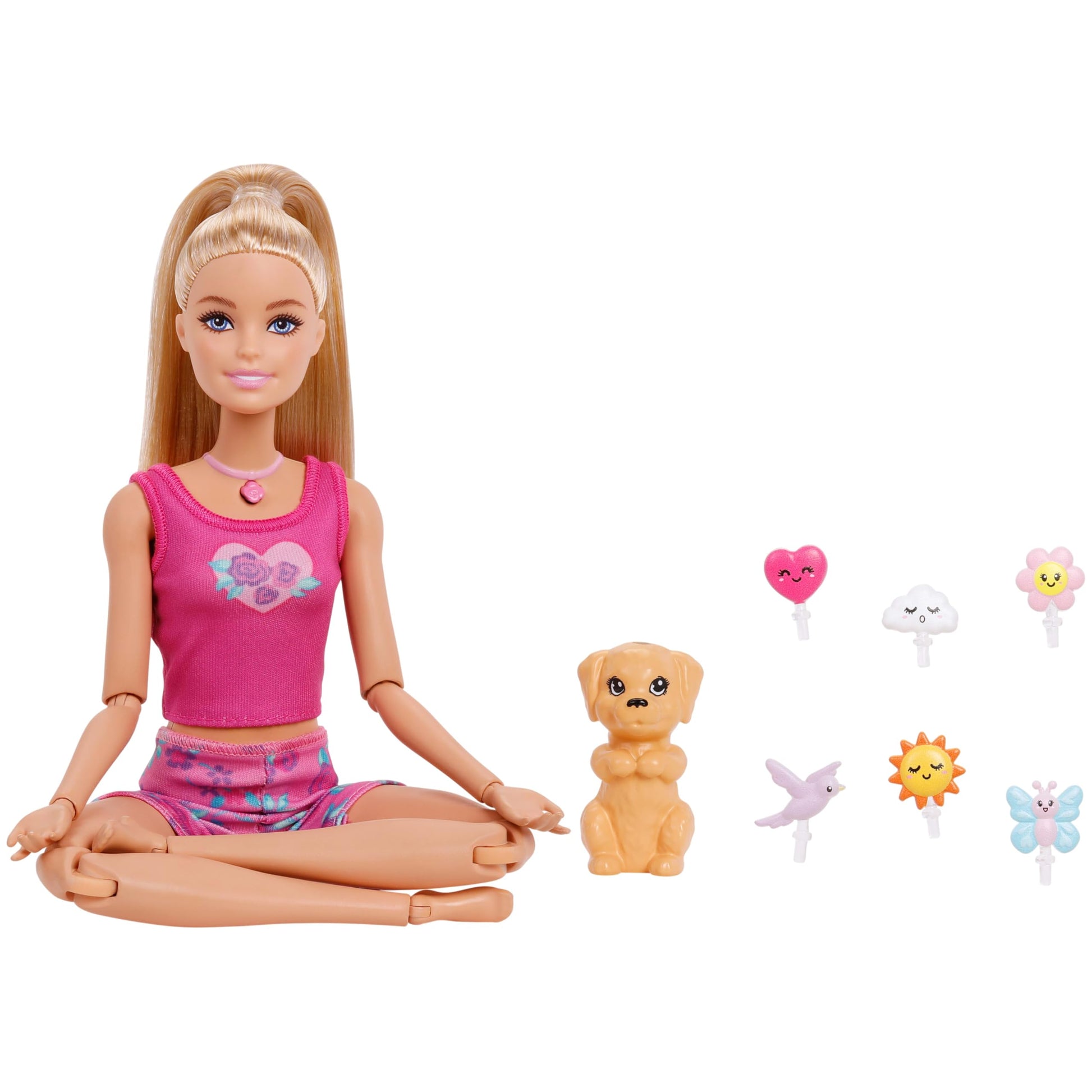 Barbie Mindful Moves doll in yoga clothes with puppy, featuring lights and sound for meditation modes and six accessories.