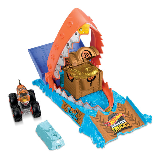 Hot Wheels Monster Trucks Arena Smashers playset featuring Tiger Shark toy truck and crushed car in action.
