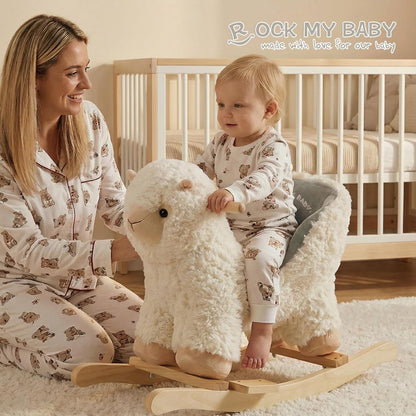 Rock My Baby Plush Rocking Horse - Soft Stuffed Body,Safety Seat Chair, Wooden Rockers, Music Button – Toddler Ride-On Toy for Ages 1–3(beige)